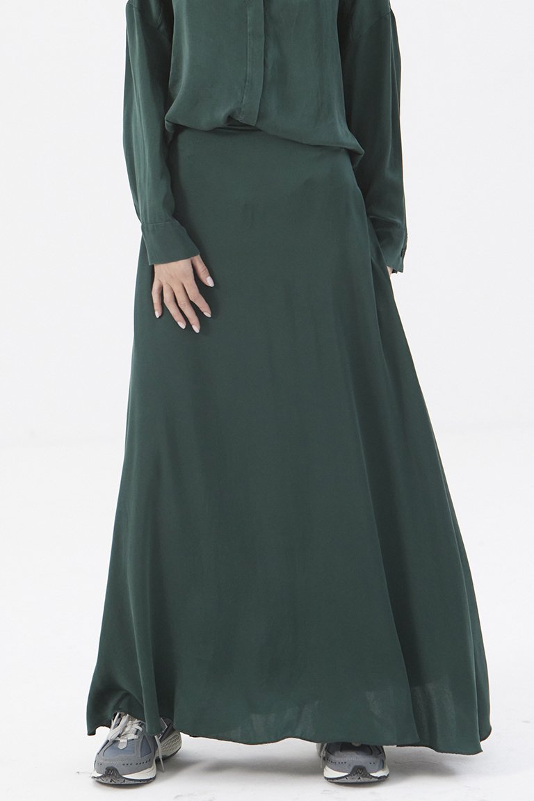 Silk Long Skirt Dark Green, M